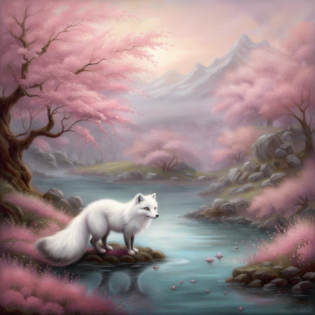 Arctic Fox in Cherry Blossom Pond
