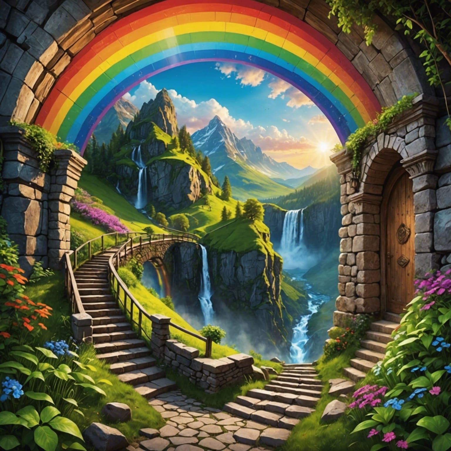Enchanting Rainbow Waterfall Entrance to a Mystical World