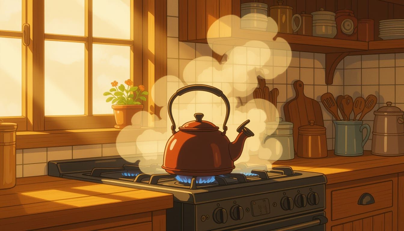 Warm Kitchen: Steaming Kettle in Ghibli Style