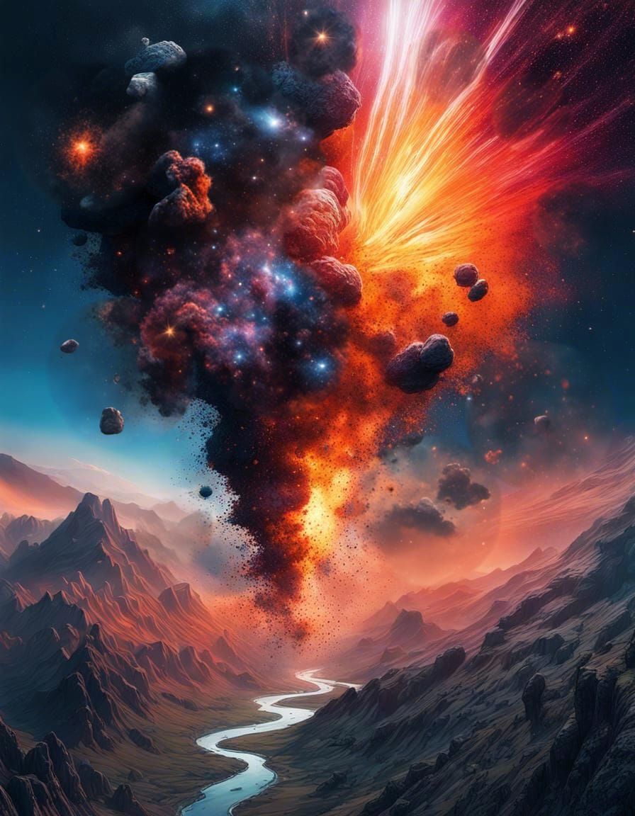 Asteroid Atmospheric Entry in Ink Splatter Style