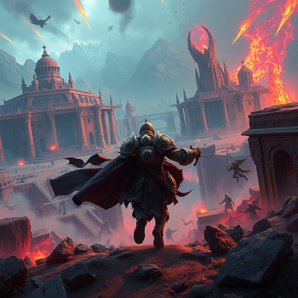 Heroic Warrior Battles Dark Forces in Fantastical Landscape