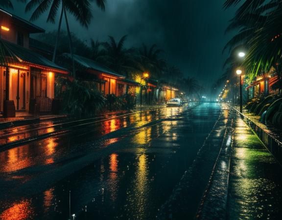 Tropical town in the streaming rain