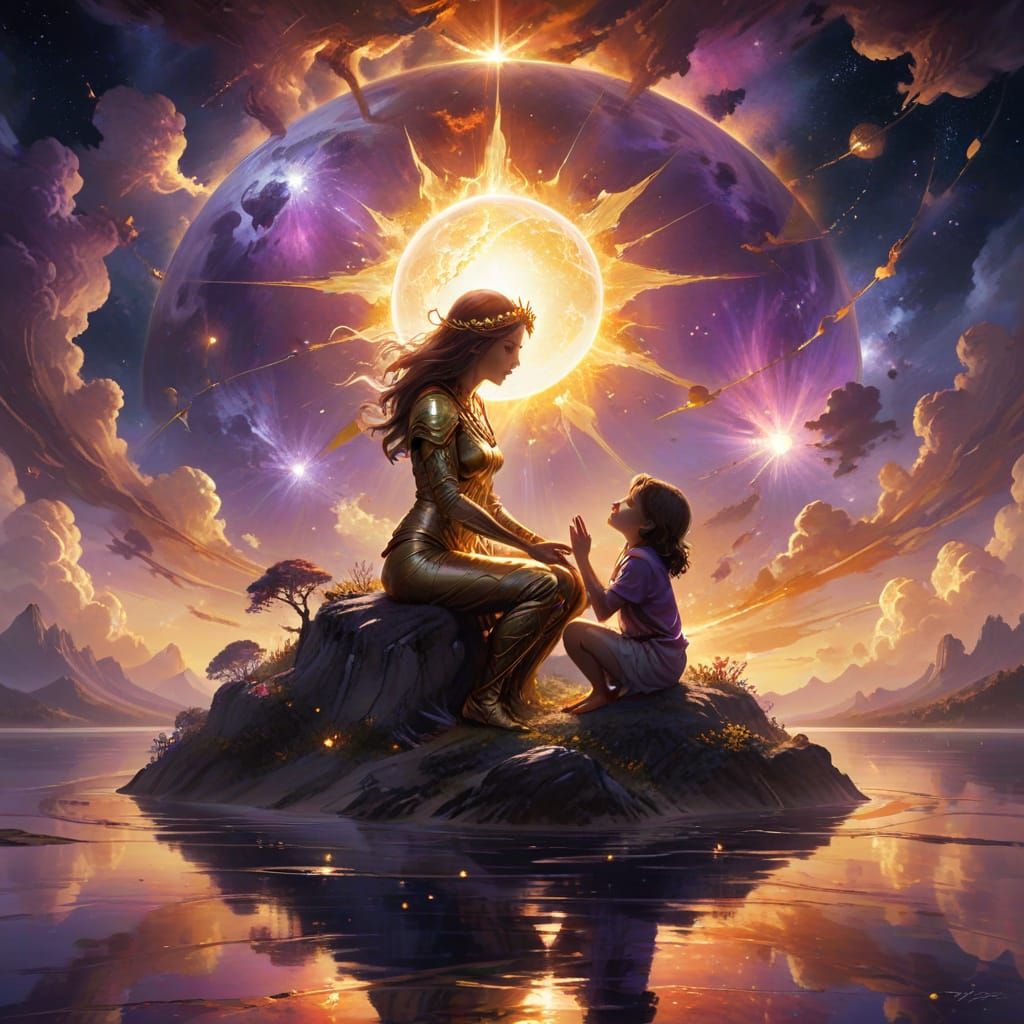 Mother and Child on Globe Island at Cosmic Sunset