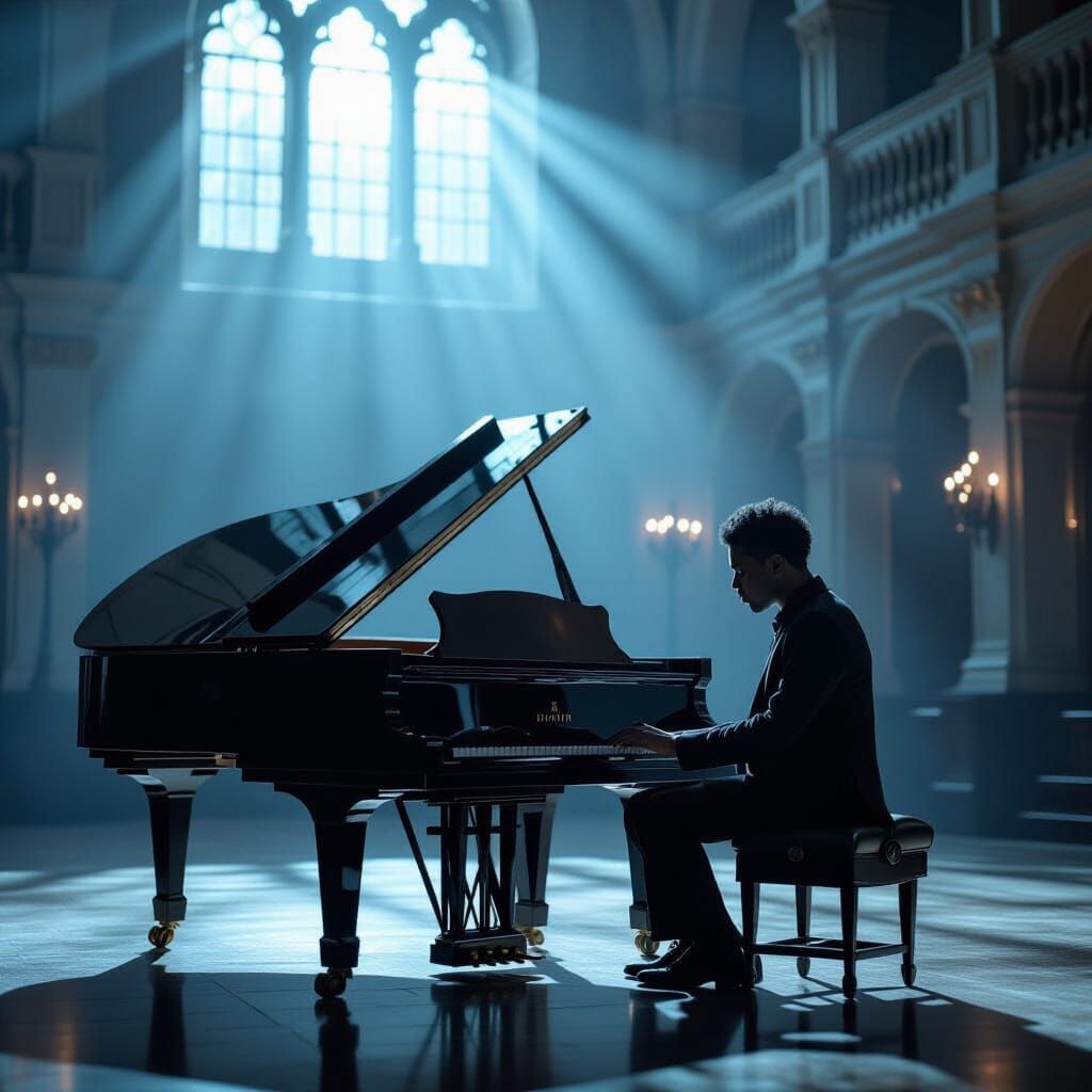 Sad Young Man by Grand Piano in Atmospheric Room