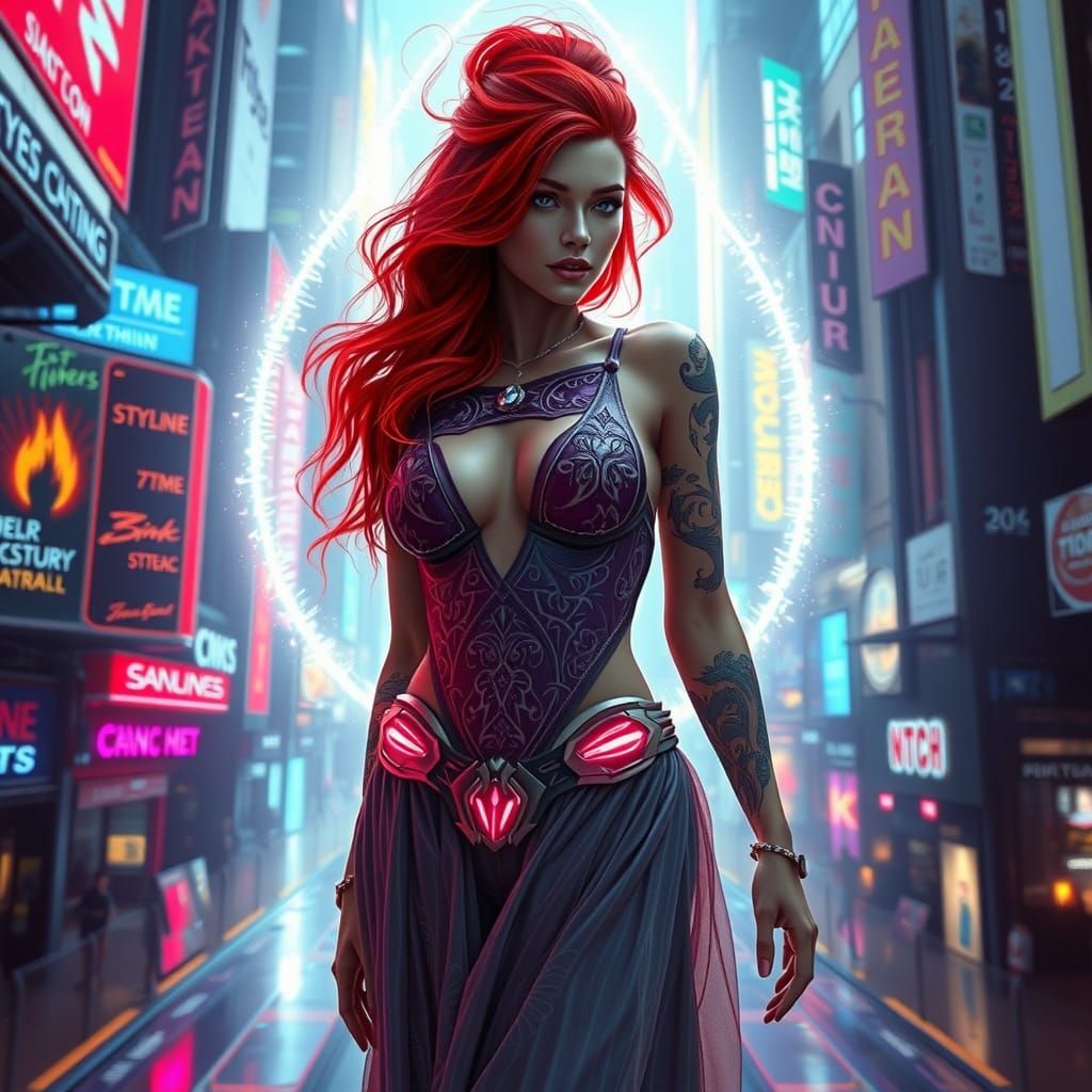 Cyberpunk Goddess Emerging from Portal in Neon City