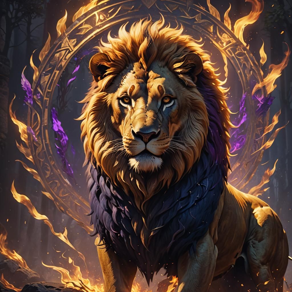 Majestic Lion with Golden Flames: Cinematic Fantasy Art