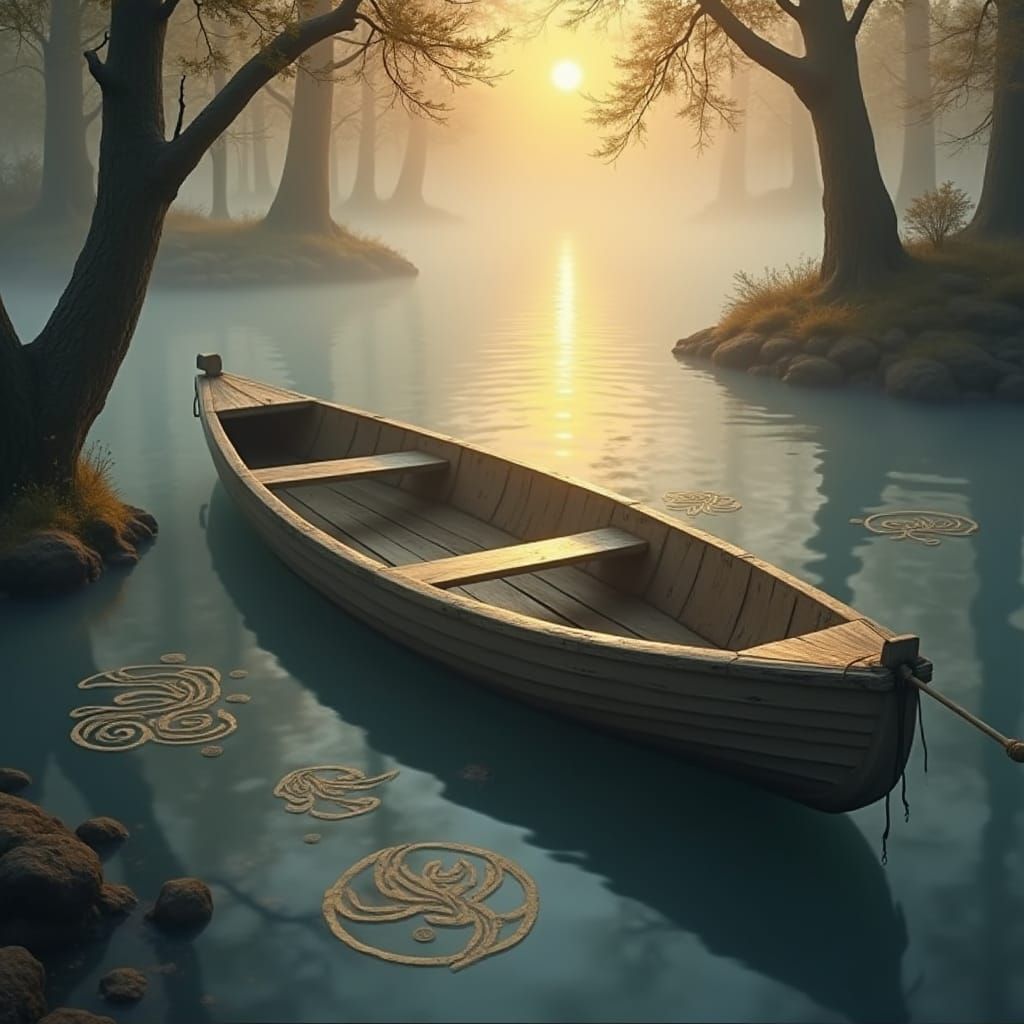 Ethereal Rowboat in Dreamy Landscape as Kinkade Painting