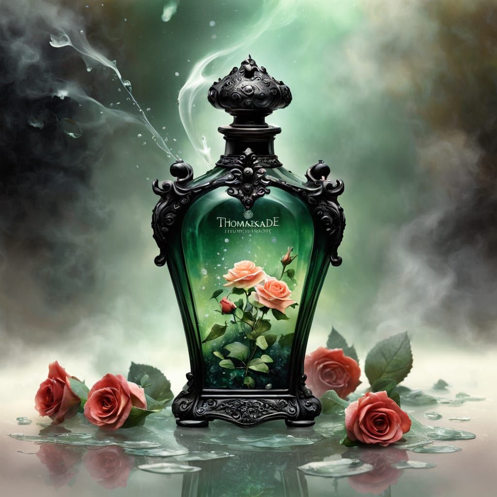 Gothic Perfume Bottle with Green Petals and Water Splash