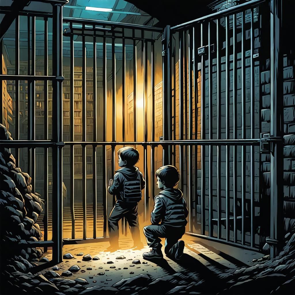 Surreal Comic Book Scene of Alien Youth in Imprisonment