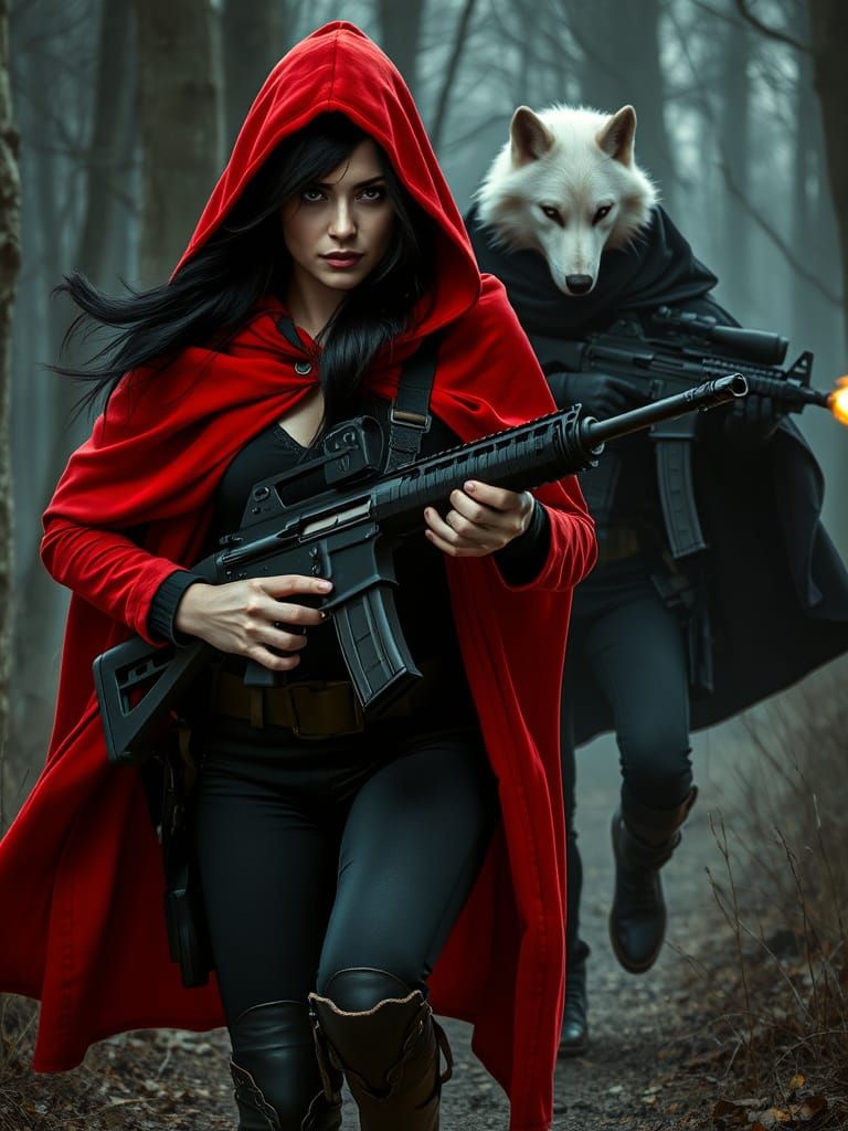Woman in Red Hooded Cloak with AK47