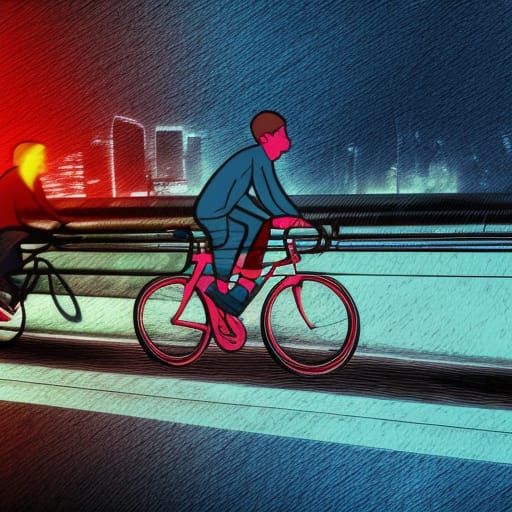 Cyclists on Dutch Bridge in Art Brut Style