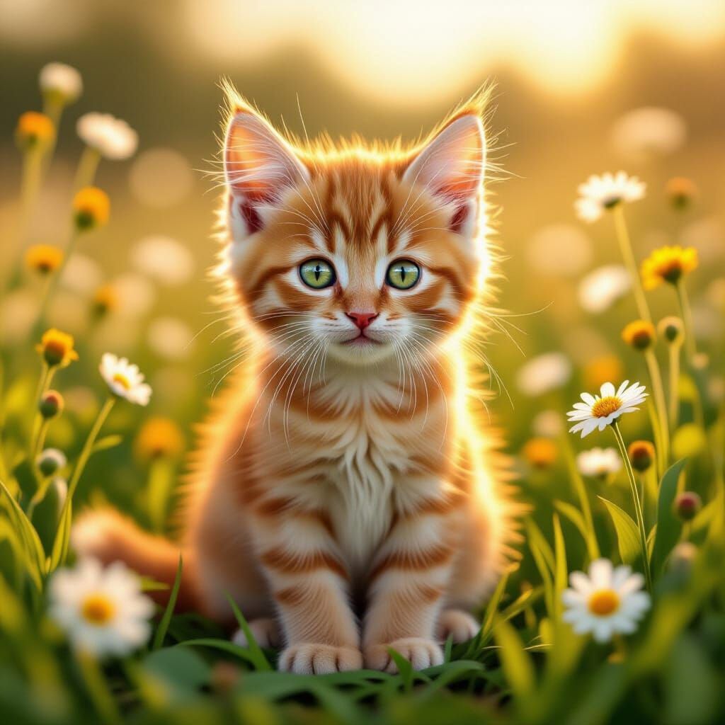 Cute Realistic Ginger Kitten in Wildflower Field