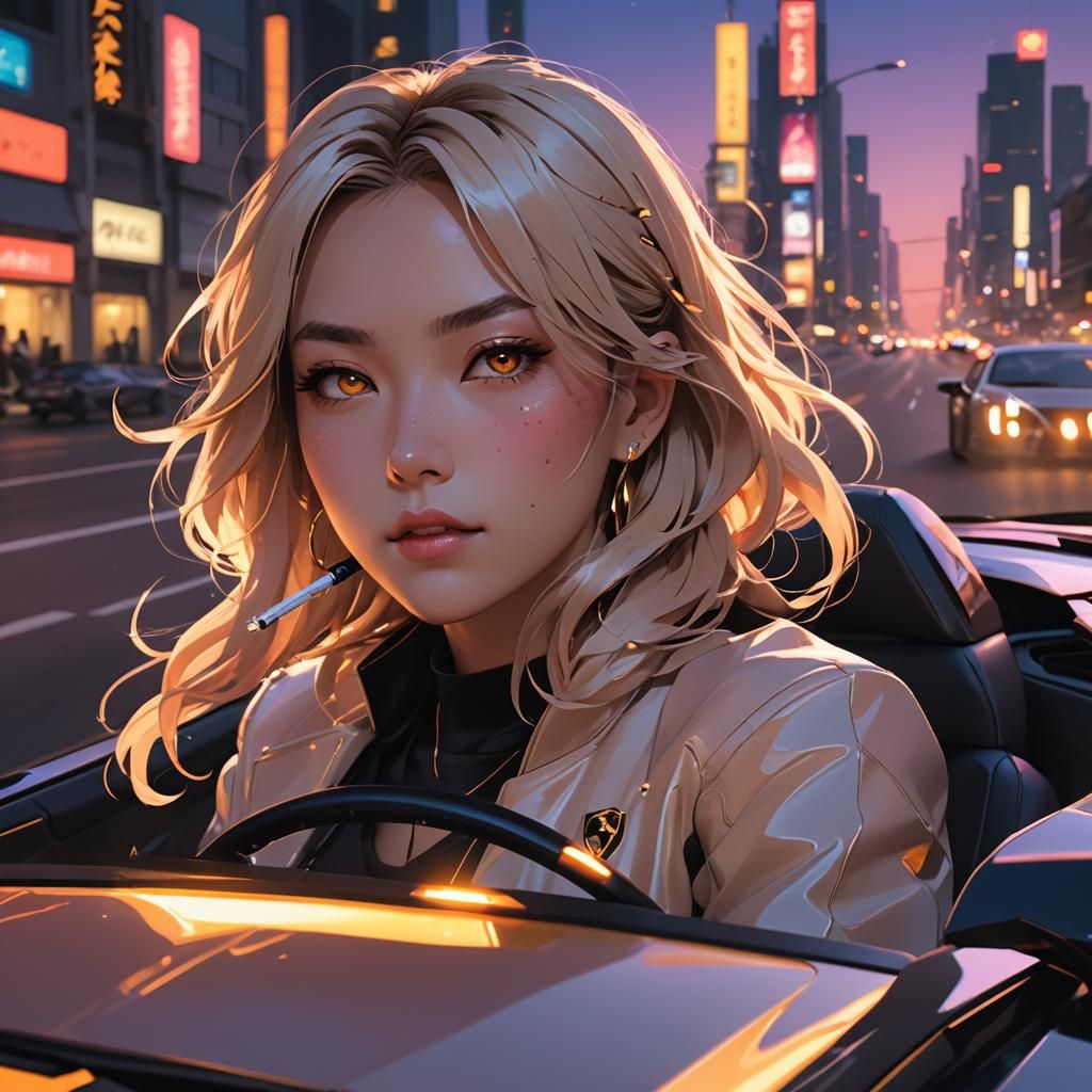 Anime Girl Drives Lamborghini on Neon Highway