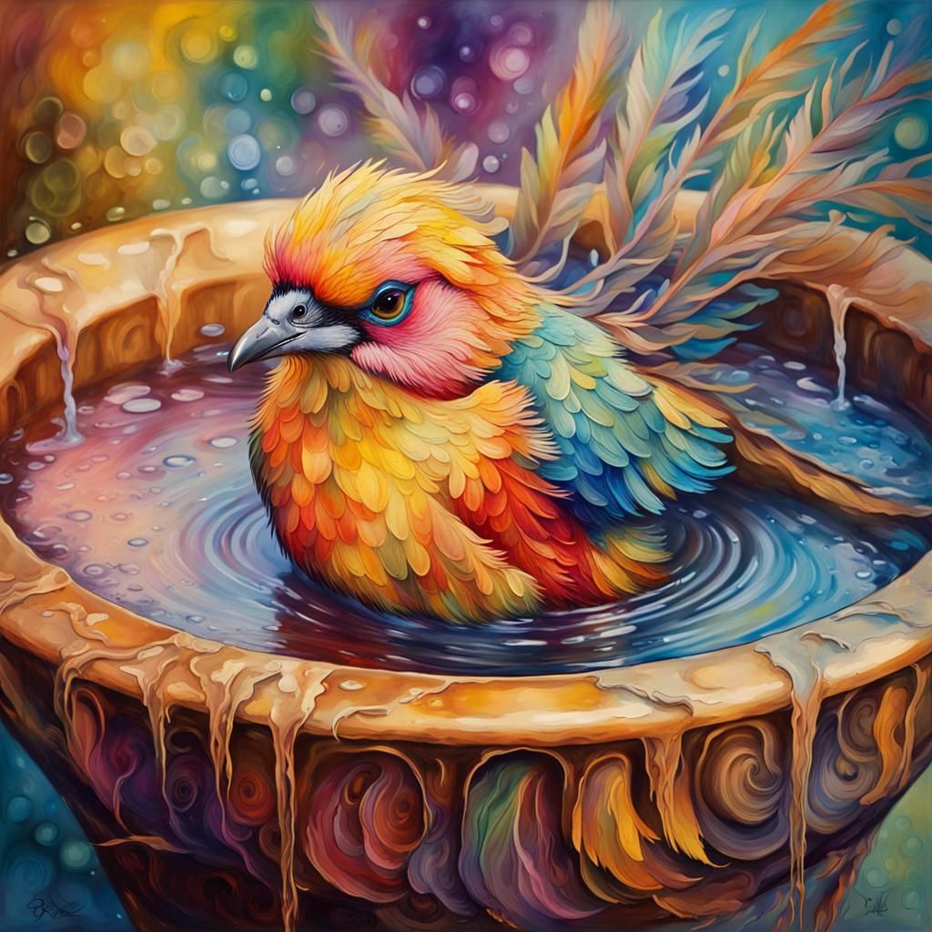 Bird Bath in Alcohol Ink Impressionist Style