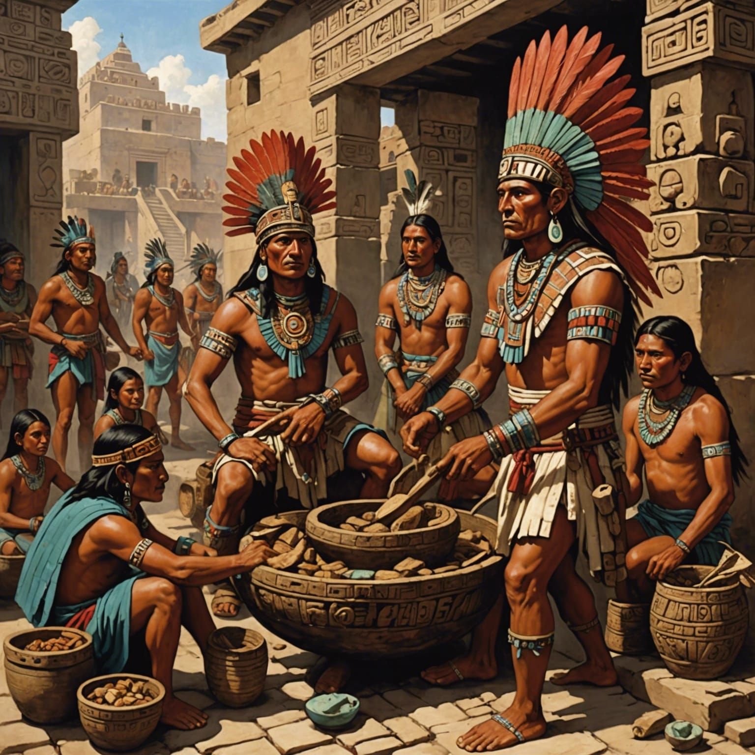 Vibrant Aztec Marketplace Trade Scene