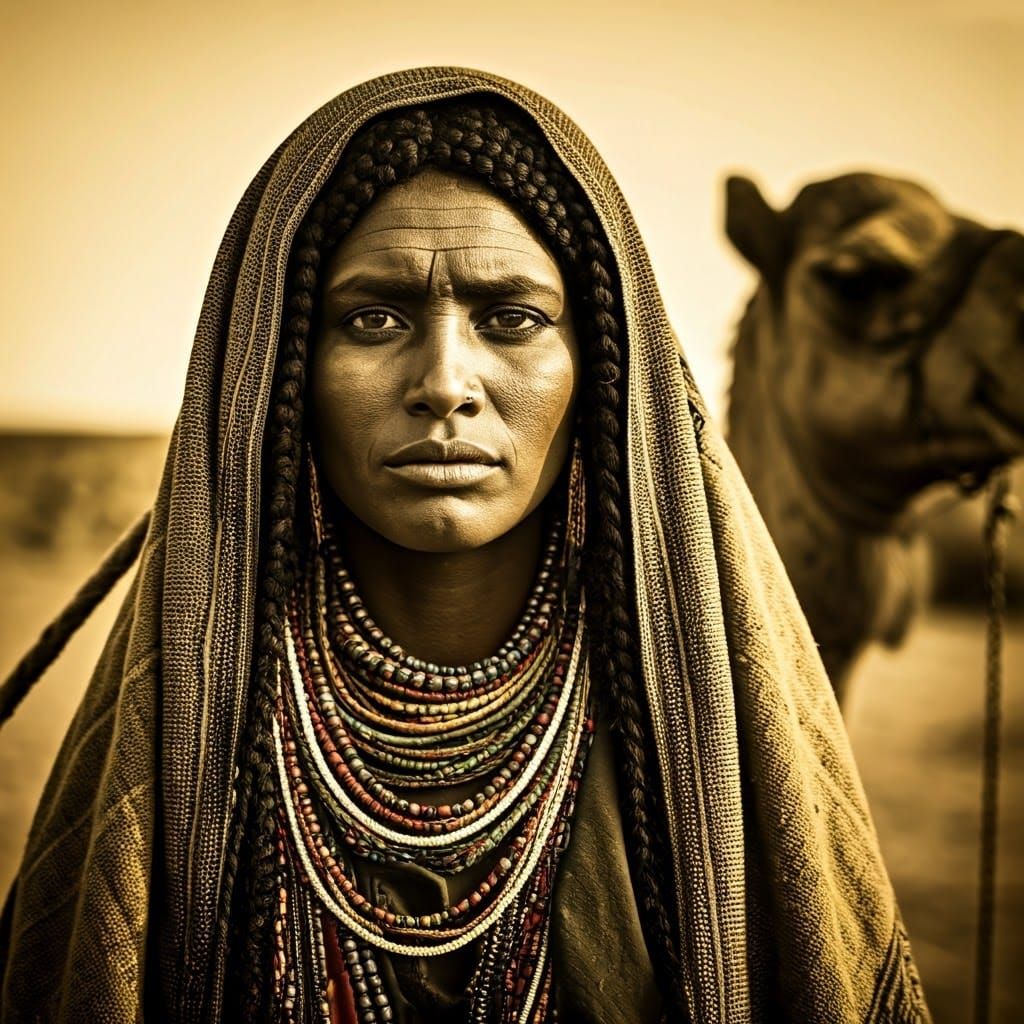 Beduin Woman with Camel in Vintage Style