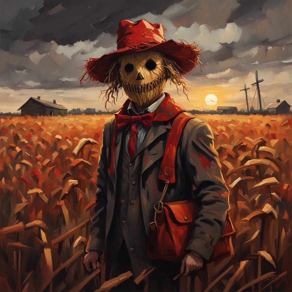 Ominous Scarecrow Portrait in Dynamic Oil Painting Style