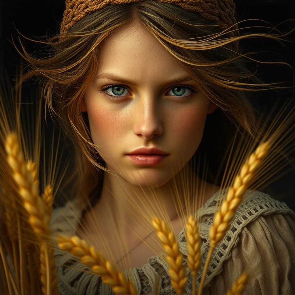 Windswept Maiden Harvests Wheat: Classical Portrait