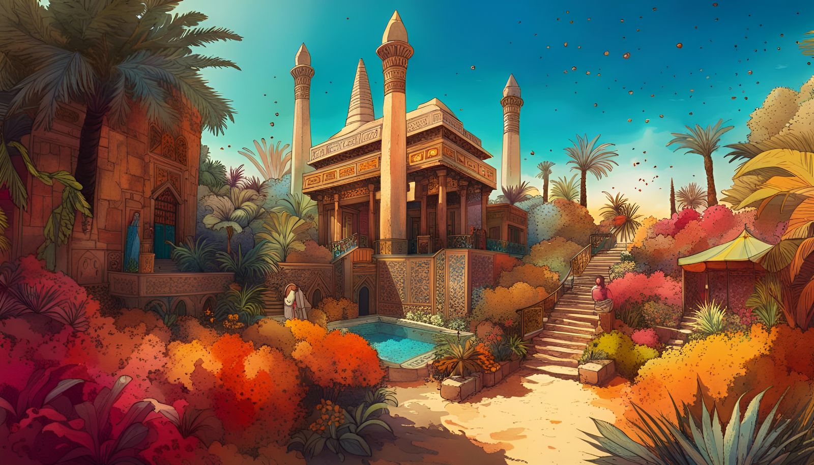 Pharaoh's Garden in Expressionistic Watercolor Style