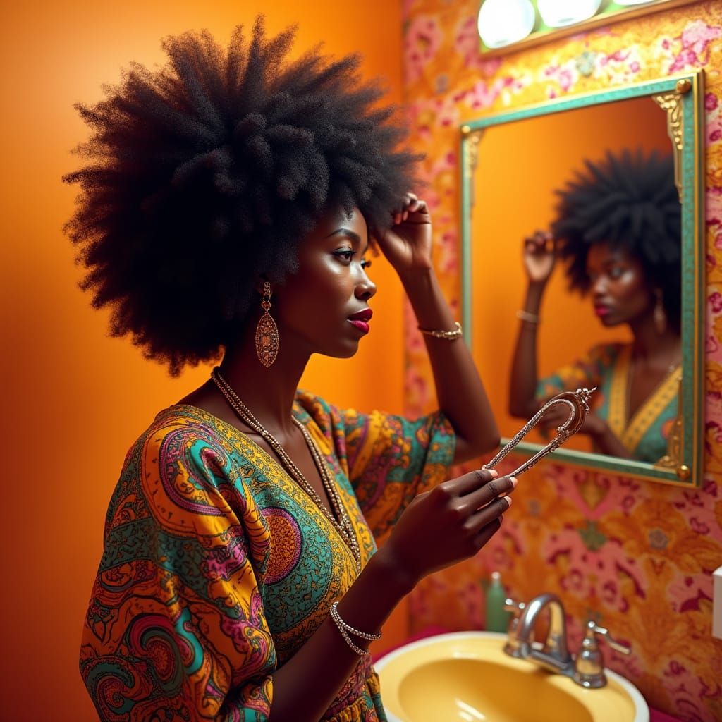 Afro-Futurist Pop Art Portrait in Retro-Futuristic Bathroom