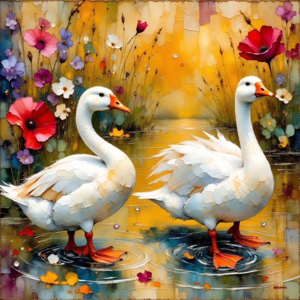 Geese in Golden Pond: Abstract Alcohol Ink Collage