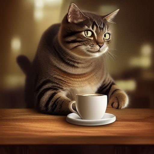 Cute Cat Sipping Coffee: Digital Matte Painting