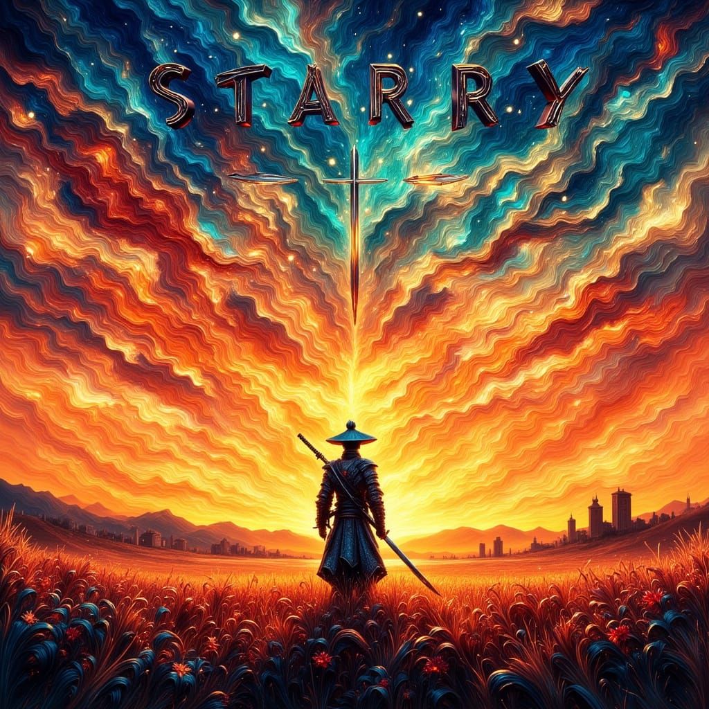 Samurai Warrior in Van Gogh Style on Battlefield