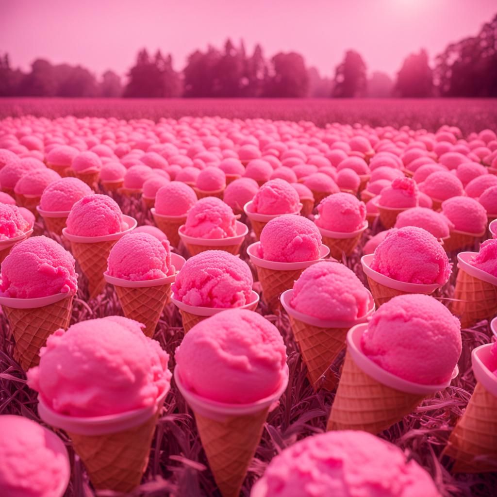 Pink Meadow of Ice Cream Scoops in 1980s Style