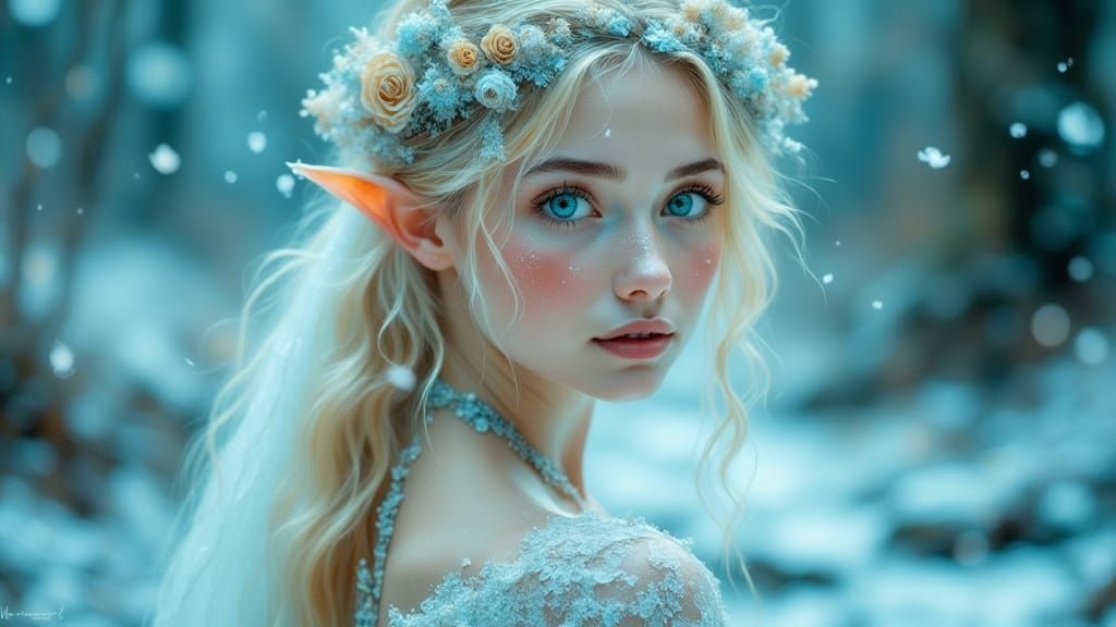 Ethereal Elf Maiden in Snowy Forest, Painterly Realism