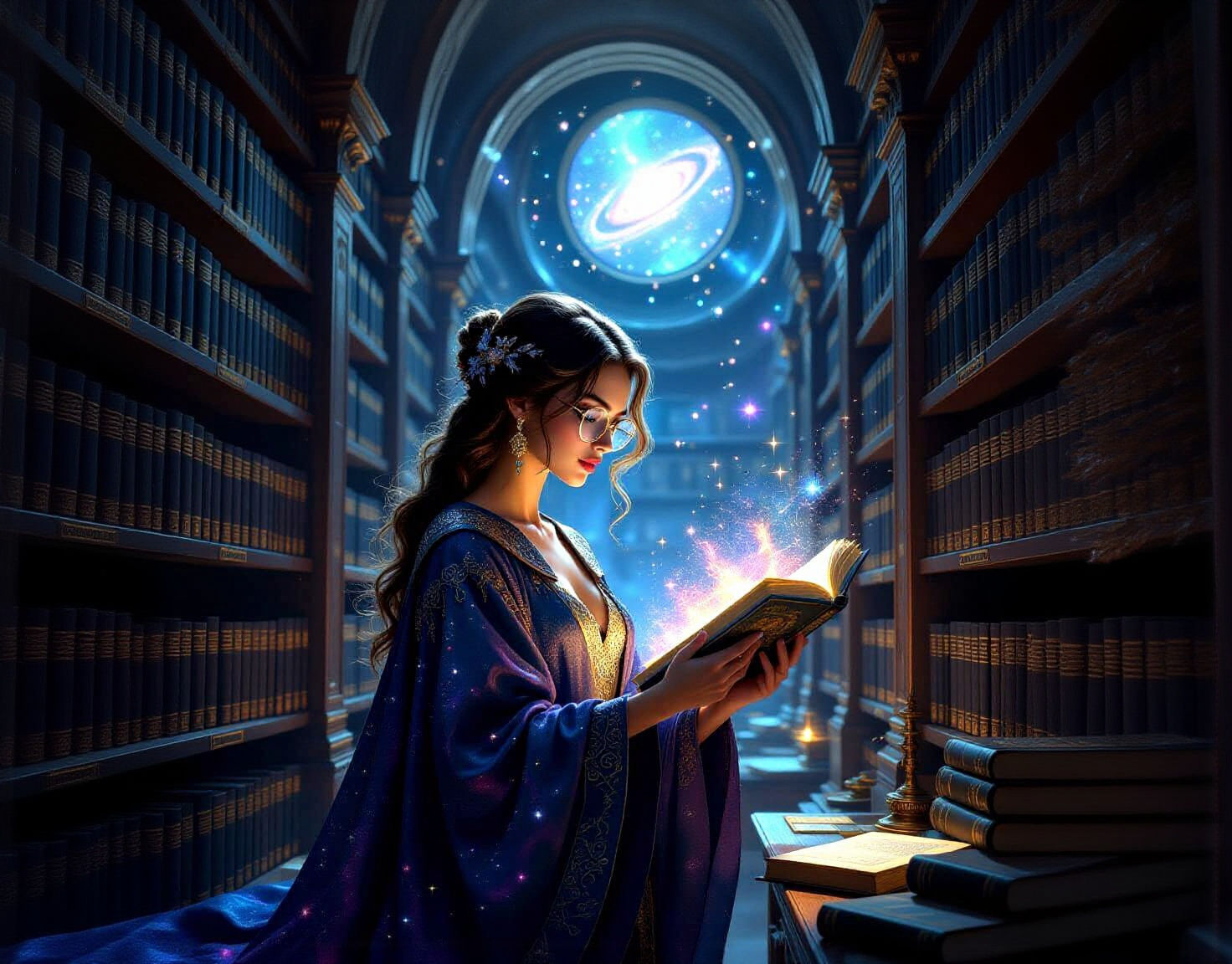 Celestial Librarian Organizing Galaxies in Starlight Library