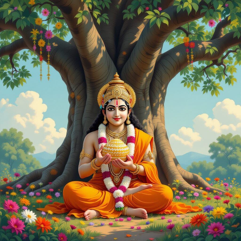 Ganesha Under Banyan Tree in Traditional Style