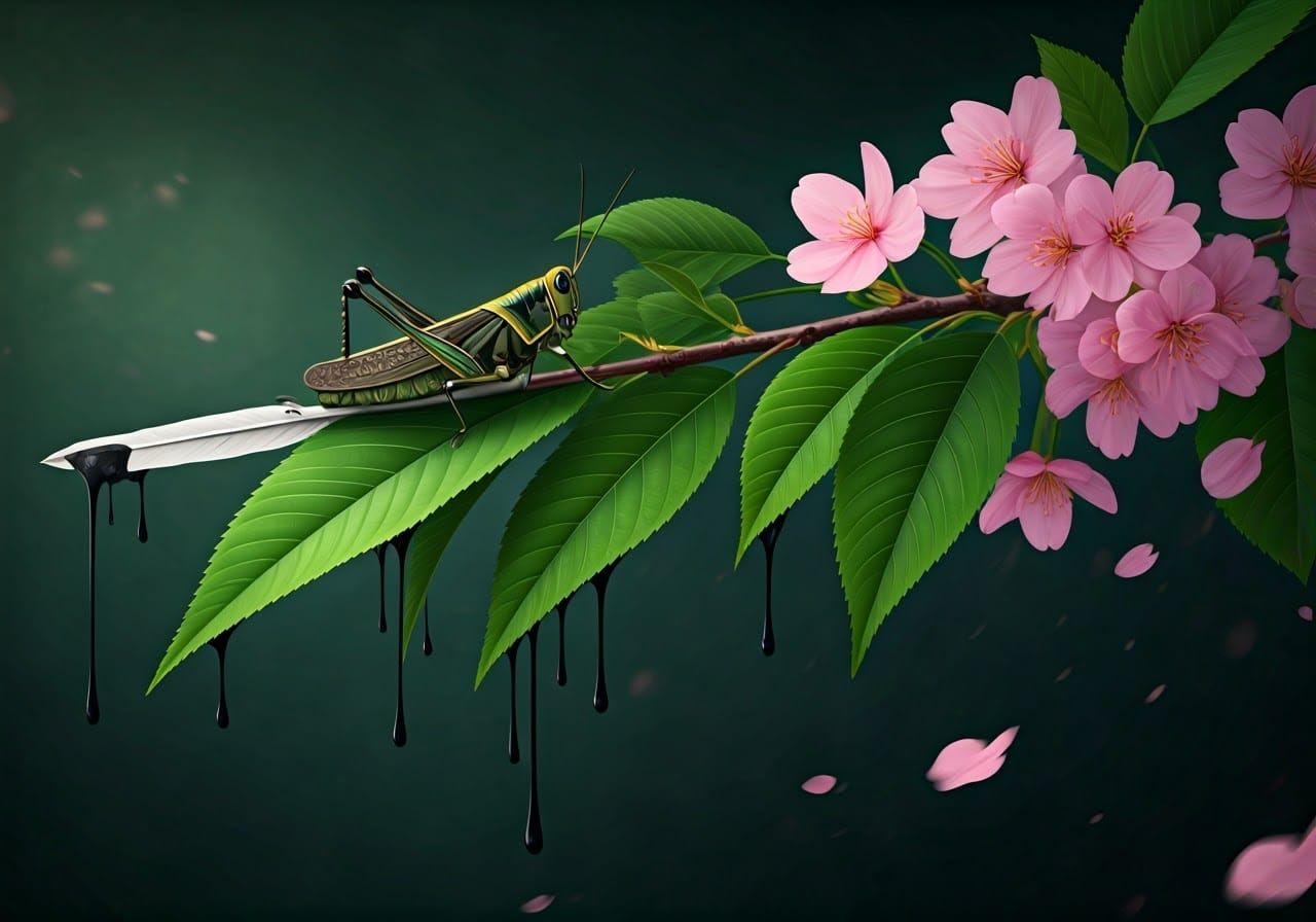 Grasshopper with Calligraphy on Cherry Blossoms