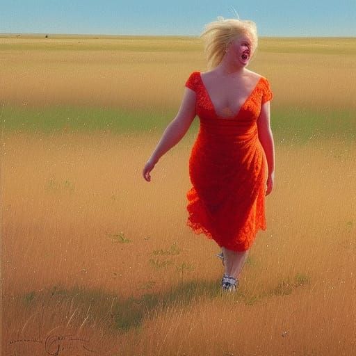 Cheerful Blonde in Orange Lace, Oil Painting