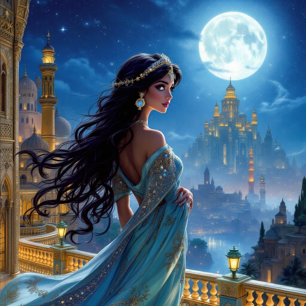 Princess Jasmine Under Starry Agrabah Skies in Elegant Art N...