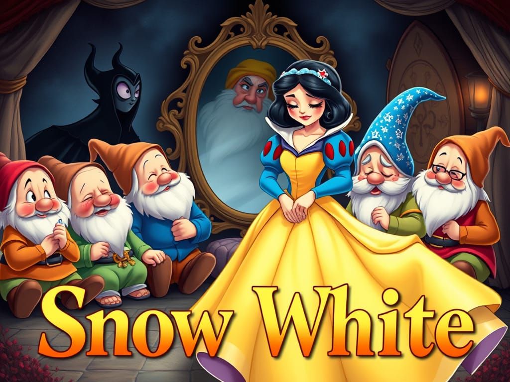 Whimsical Fairy Tale Scene: Snow White and the Seven Dwarfs