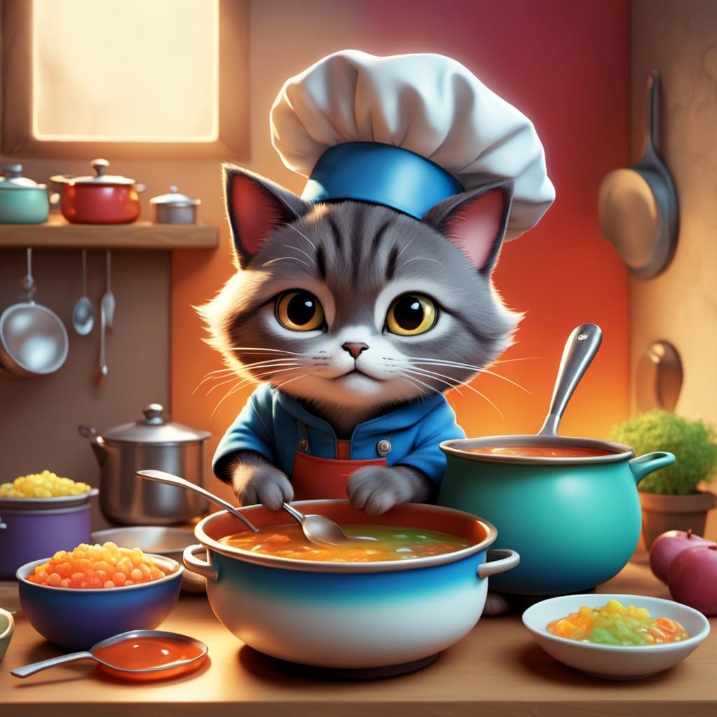 Surreal Cartoon Cat Stirs Whimsical Rainbow Soup in Vibrant ...