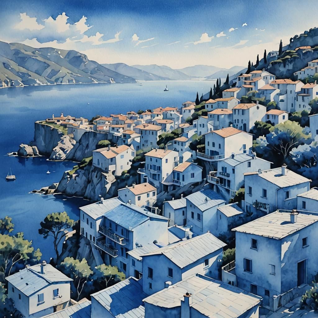Monochromatic Blue Adriatic Coast Watercolor Painting