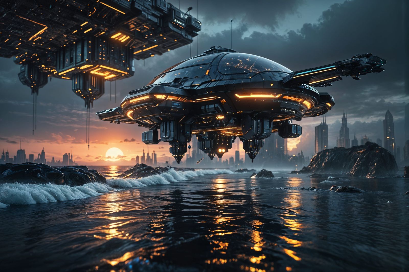 Futuristic Flying City with Intricate Mech Details