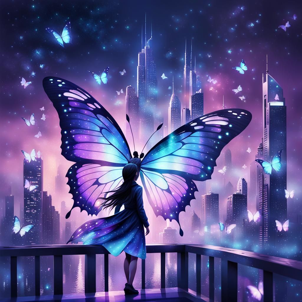 Futuristic Cityscape with Glowing Butterflies in Digital Art