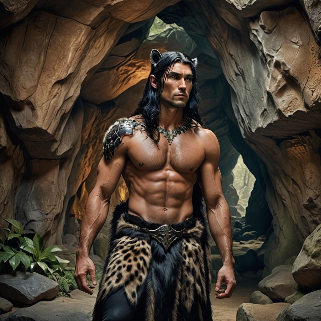 Panther-Eared Man in Cave, Hyperrealistic Image