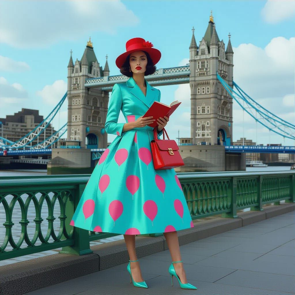Woman in Turquoise Dress Poses Near Tower Bridge