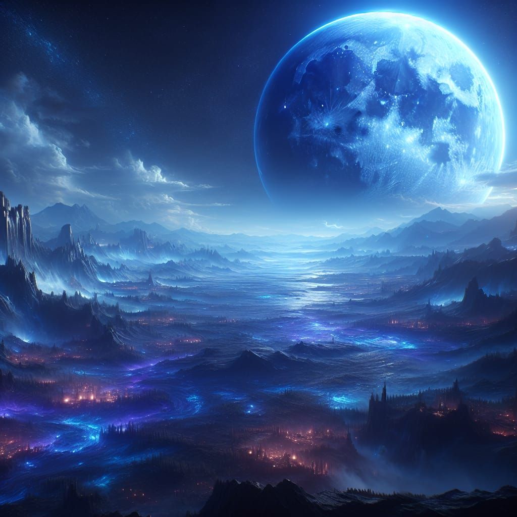 Blue Moonlit Fantasy Landscape in Detailed Matte Painting