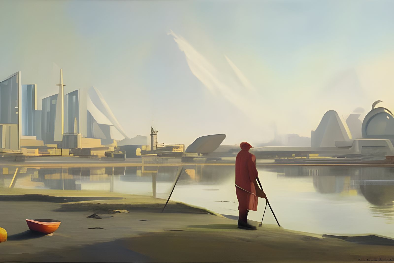 Fisherman in Spasskoe 2070: Retrofuturistic Impressionism