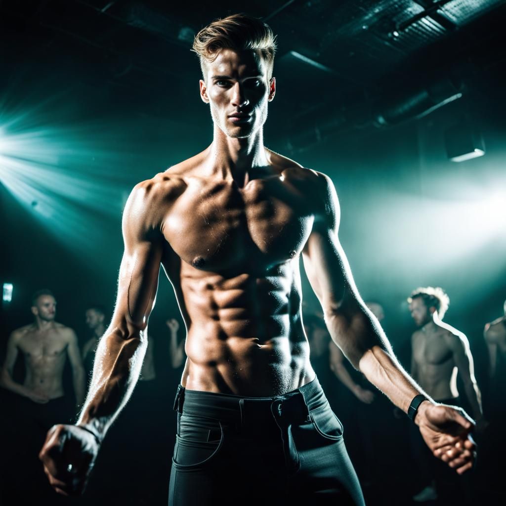 Shirtless Man Dancing in Nightclub with Strobe Lighting