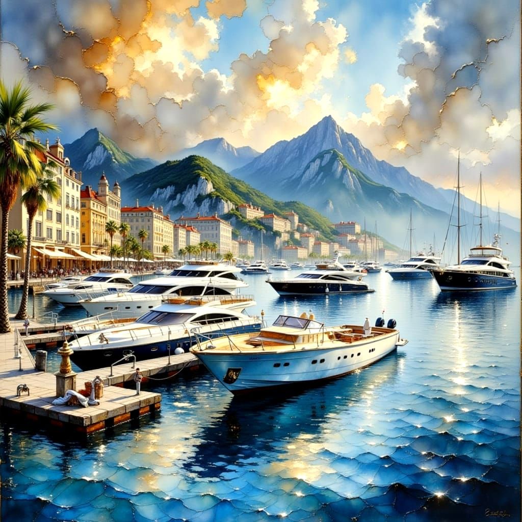 Monte Carlo Harbor in Watercolor Style