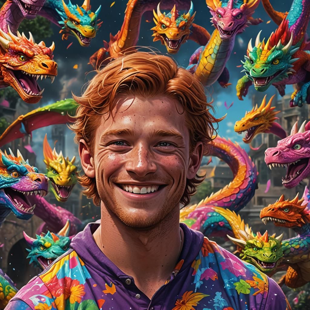 Smiling Charlie Weasley with Dragons: Hyperrealistic Style