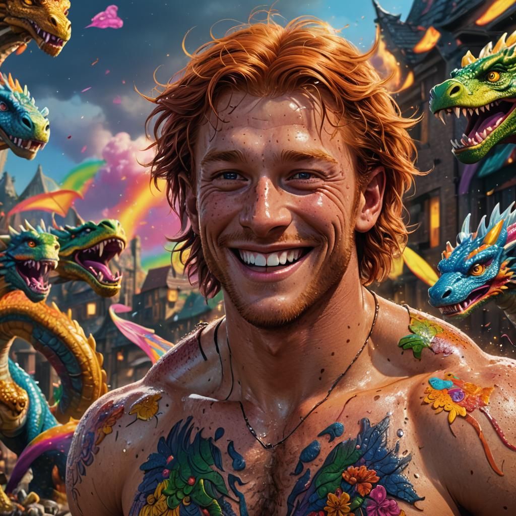 Hyperrealistic Charlie Weasley with Dragons in Cinematic Sty...