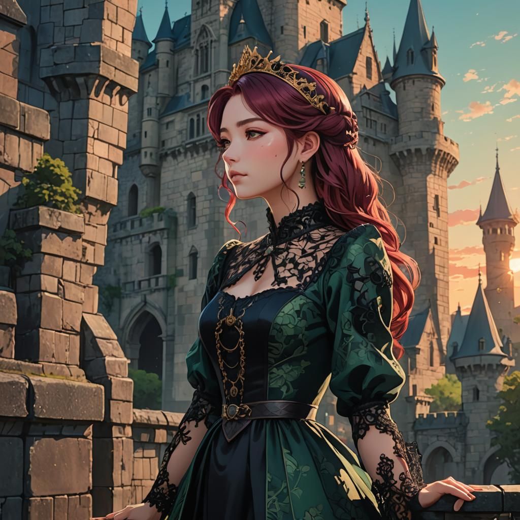 Anime Princess in Lace Gown at Sunset