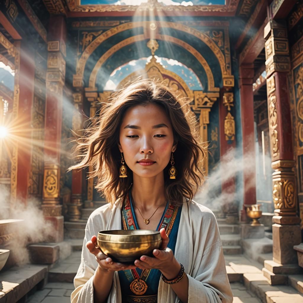 Woman with Tibetan Bowl in Temple Sunlight