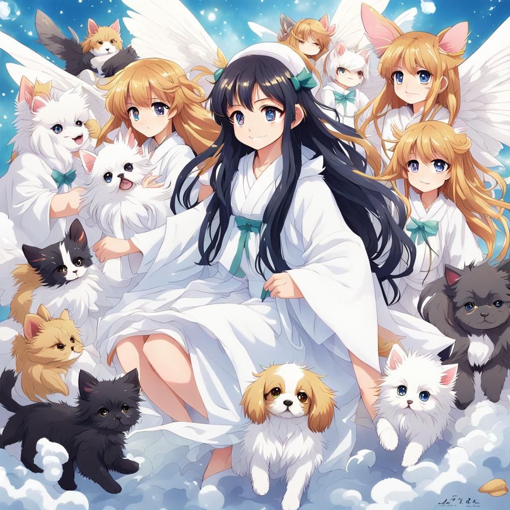 Teenage Animal Fairy in Anime Style with Puppies